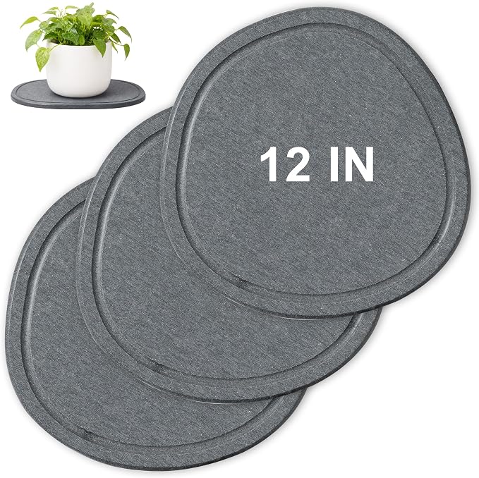12 Inch 3 Pcak Diatomite Plant Saucers for Indoors Outdoors, Flower Plant Pot Saucers Drainage Trays to Catch Water, Diatomaceous Earth Planter Plates Water Catcher Drip Trays, Stone Dark Grey