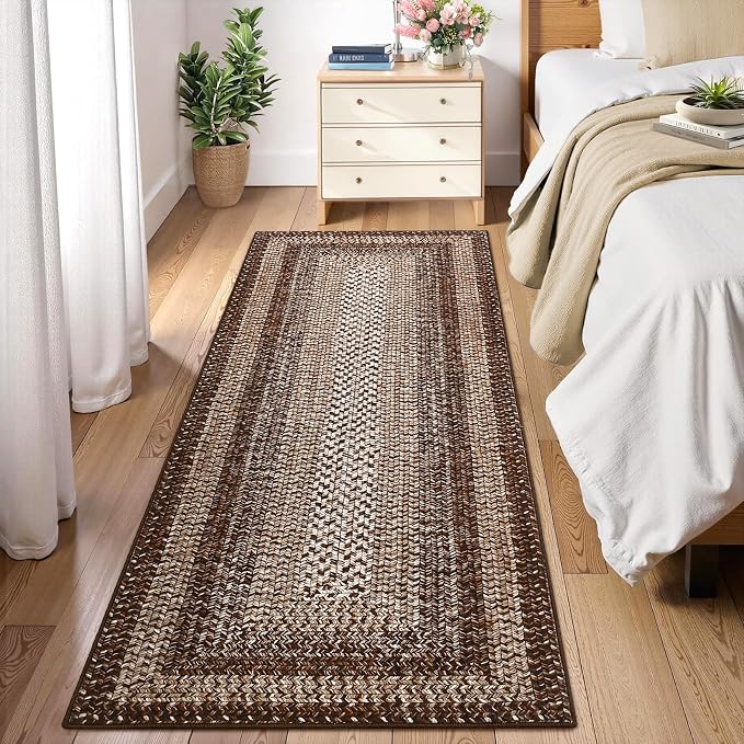 RUGSREAL Washable 2x10 Runner Rug for Hallway Kitchen Modern Runner Rugs | Long Runner Throw Carpet with Rubber Backing, Stain Resistant Braided Printed Entryway Carpet for Bedroom Living Room, Brown