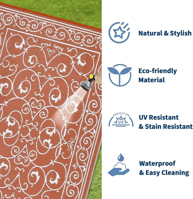 Garvee 8x10 Outdoor Rug Waterproof Plastic Straw Rug Outdoor Patio Rugs Reversible Mat Easy Clean Foldable Lightweight Large Area Rugs for Patio Porch Backyard Camping RV Beach Balcony Vintage Orange