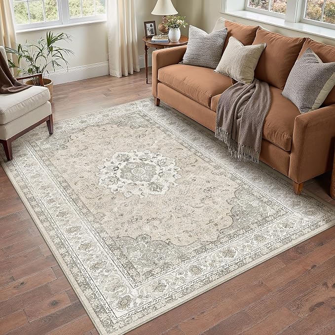 3x5 Washable Area Rug Beige Brown Non Slip Vintage Carpet | Low Pile, Stain Resistant, Living Room, Kitchen, Bedroom, Entryway, Nursery, Laundry Room, Hallway, Soft, Thin, Lightweight