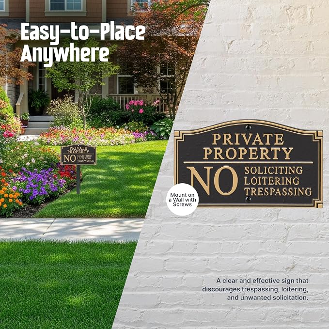 SmartSign Private Property Sign for Yard, No Soliciting Loitering Trespassing Garden Plaque | 5.75" x 9.5" Aluminum Plaque with 18" Black Lawn Stake, Made in USA