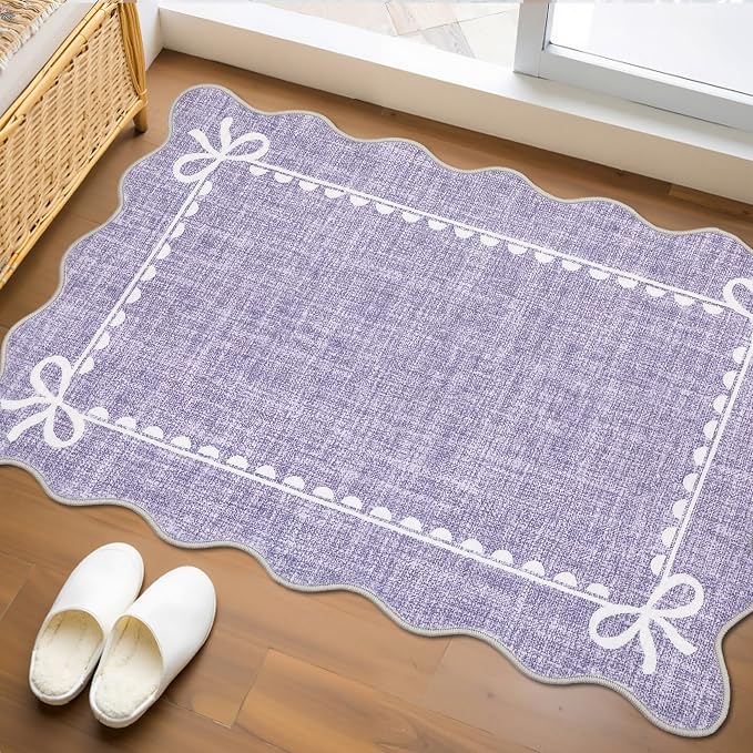 GarveeHome Scalloped Entryway Rug 2x3 Washable Front Door Bow Rug, Purple | Non Slip Soft Low Pile Ultra-Thin Stain Resistant Indoor Carpet for Girls Dorm Nursery Bedroom Decor Hallway Kitchen Floor
