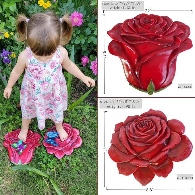 Simulated rose home decor gift - outdoor garden landscape flower stepping stone - rose for mothers, sisters, besties, grandmothers, and maternal grandmothers as a festive gift - 2-piece set, red