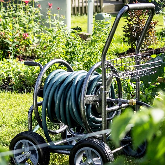 Backyard Expressions Metal Hose Reel Cart with Wheels - Heavy Duty Hose Caddie - 250 Ft Hose Capacity - Hammertone Finish