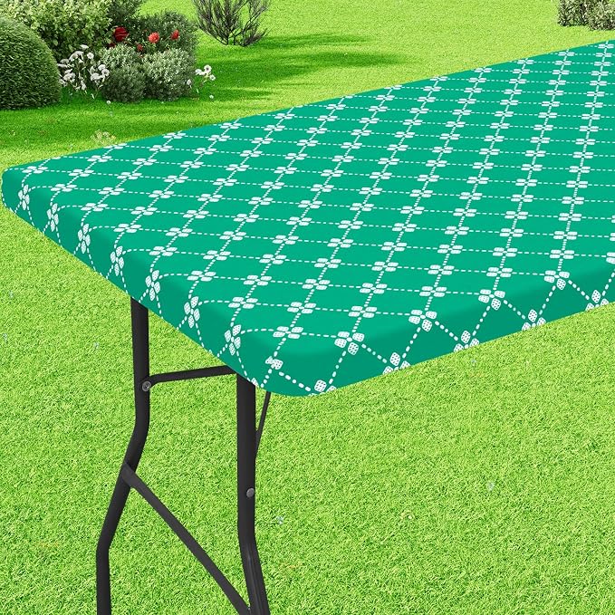 misaya Rectangle Vinyl Table Cloth, Elastic Fitted Tablecloth with Flannel Backing, Waterproof Plastic Table Cover Fits 8 Foot Folding Tables for Picnic, Camping, Indoor and Outdoor (Green, 30" x 96")