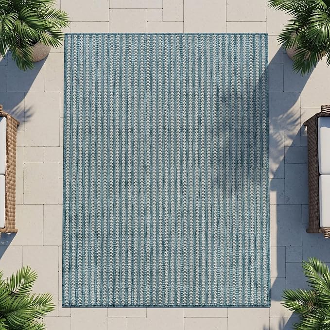 Washable Outdoor Rug 5x7 Modern Area Rugs Outdoor Carpets Striped Pattern Non Shedding Waterproof Easy Clean Patio Deck Porch Living Room Bedroom Garden RV (5 X 7 Aqua)