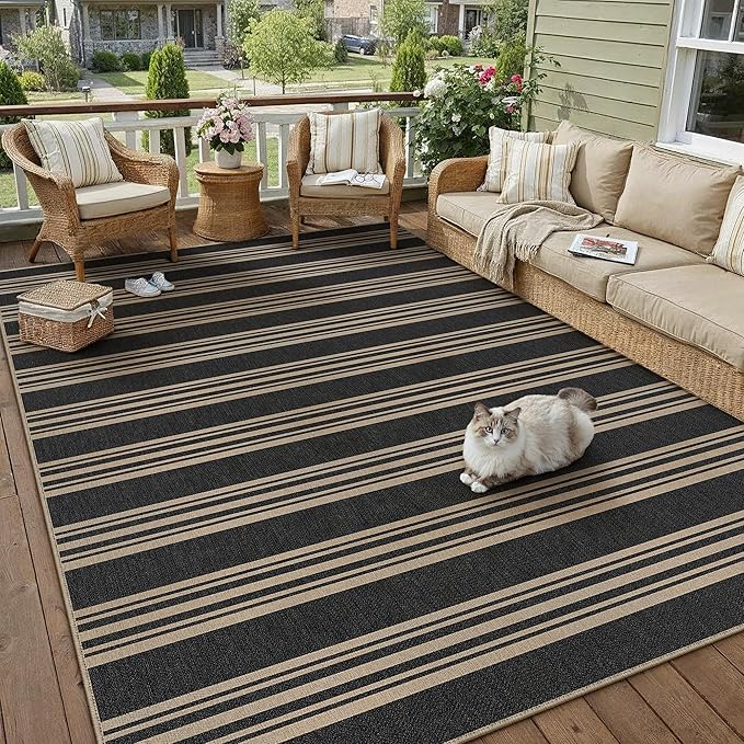 PureCozy Striped Easy Jute Rug 5x8 Black Living Room Carpet Washable Non Slip Bedroom Office Rug Farmhouse Neutral Non Shedding Indoor Outdoor Large Carpet for Kitchen Dining Room