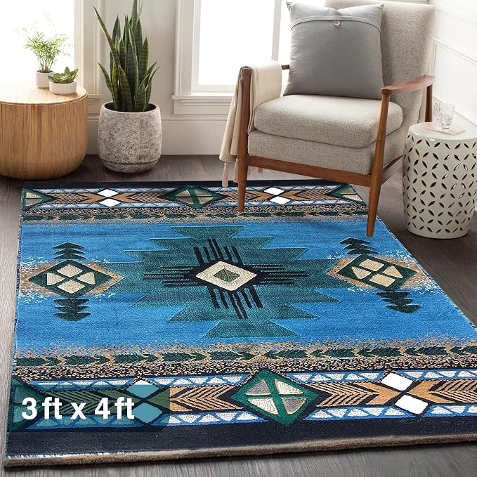 YHSF South West Native American Area Rug C318 - Easy Clean, Thick, Soft, Durable Native Tribal American Indian Inspired Rug for Bedroom/Living Room and More - Blue-Green, 3 Feet x 4 Feet 7 Inches