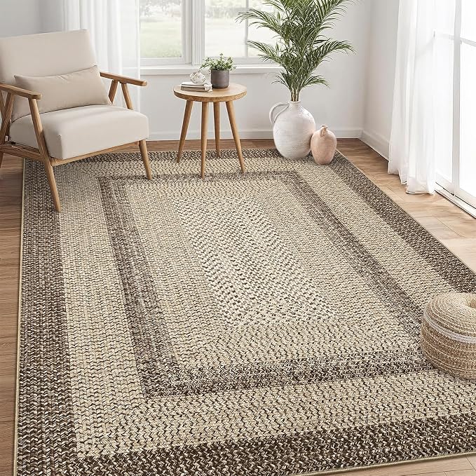 RUGSREAL 8x10 Washable Area Rug for Living Room with Rubber Backing | Stain Resistant Large Bedroom Throw Carpet Modern Geometric Floor Cover Modern Border Rug for Home Decor Office, Camel