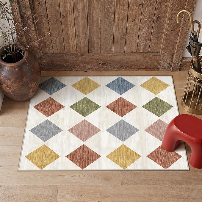Machine Washable Colorful 2x3 Area Rugs for Entryway Modern Soft Checkered Indoor Door Mats Non-Slip Stain Resistant Low Pile Accent Small Rug for Bedroom Kitchen Laundry Entrance