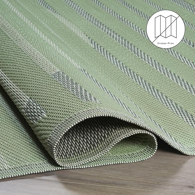 Fab Habitat Striped Outdoor Rug - Waterproof, Fade Resistant, Crease-Free - Premium Recycled Plastic - Patio, Porch, Deck, Balcony - Kyoto - Green - 5 x 8 ft