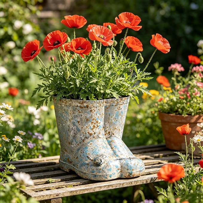 Vintage Galvanized Metal Rain Boot Planter with Bird Accent, Rustic Farmhouse Boot-Shaped Flower Pot, Decorative Indoor Outdoor Planter for Succulents, Herbs, Garden & Porch Decor
