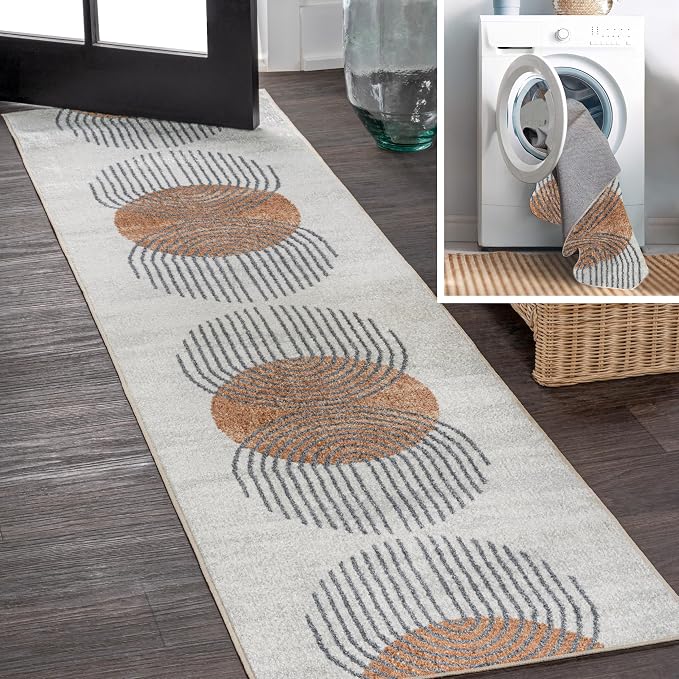 JONATHAN Y Machine Washable Cream/Terra Runner Rug 2X8 ft, Kallax Geometric Modern Low-Pile for Living Room, Bedroom, Kitchen, Office, Easy-Cleaning, Pet-Friendly, Non-Shedding WSH311A-28