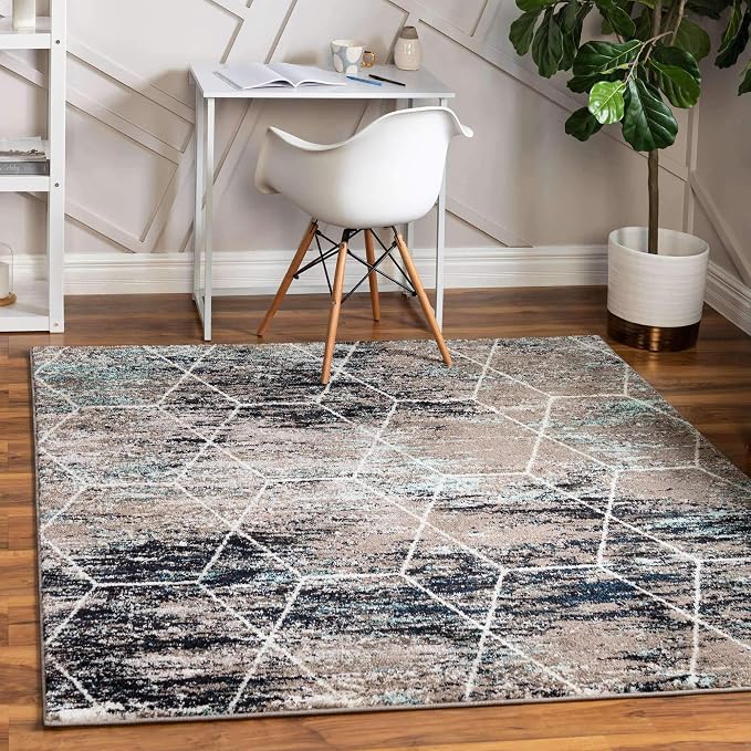 Unique Loom Trellis Frieze Collection Area Rug - Geometric (6' Square, Blue Multi/ Ivory)
