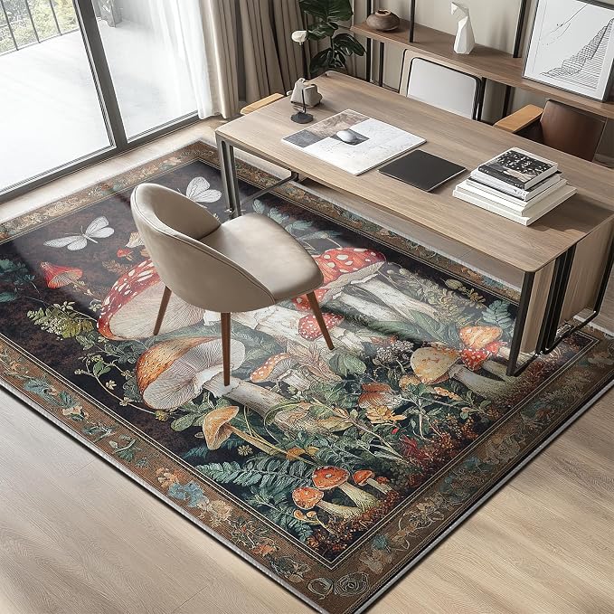 Botanical Mushroom Area Rug for Living Room Vintage Butterfly 5x7 Entryway Rug Modern Farmhouse Mushrooms Rugs Non Slip Low Pile Machine Washable Floor Carpet for Indoor Bedroom Dining Room Kitchen