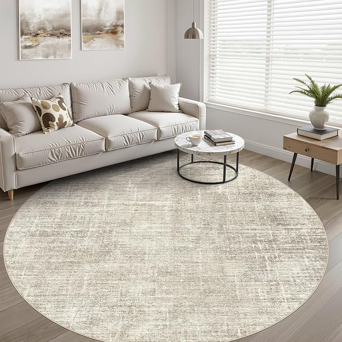 LOONGRUG Round Rug 6x6 Washable Neutral Modern Rug for Living Room Brown | Circle Abstract Soft Stain Resistant Indoor Non-Slip Carpet for Bedroom Nursery Kids Office Playroom