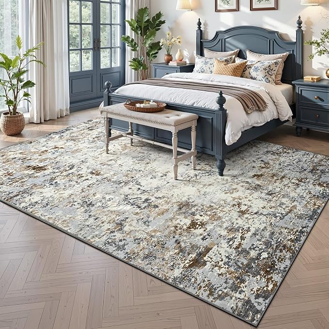 Toneed Washable 6x9 Area Rug with Non-Slip Backing for Living Room | Abstract Modern Rugs, Soft Low Pile Carpet for Bedroom Kitchen Dining Room Nursery Indoor Floor Home Decor, Brown Grey Gold