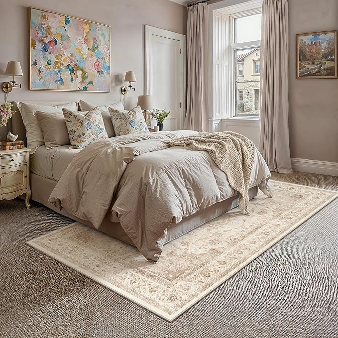 6x9 Beige Washable Area Rug Non Slip Vintage Carpet | Low Pile, Stain Resistant, Playroom, Living Room, Bedroom, Office, Dining Room, Soft, Large, Lightweight