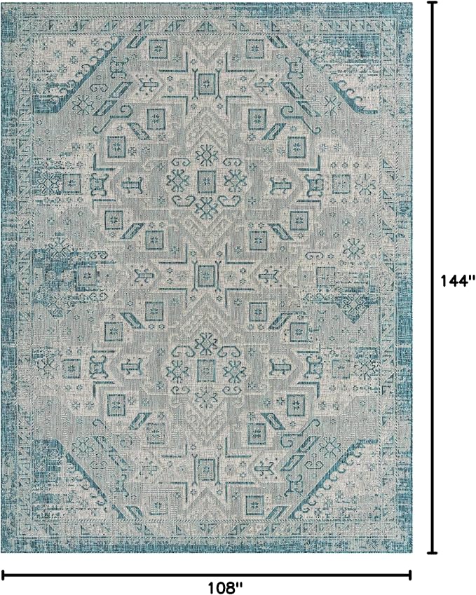 Unique Loom Outdoor Aztec Collection Area Rug - Coba (9'x 12' Rectangle, Teal/ Ivory)