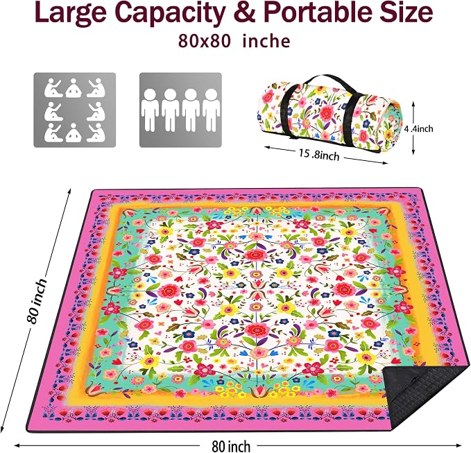 Picnic Blankets Beach Blanket 80" X 80" Extra Large Waterproof Camping Blankets Portable Outdoor Mat 3-Layer Blanket for Beach, Hiking, Park, Music Festival, Grass Lawn,Travel