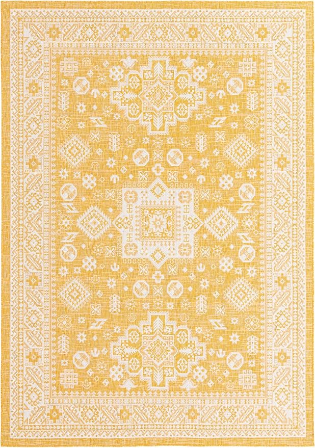 Unique Loom Outdoor Aztec Collection Area Rug - Chalca (7' 10" x 11' Rectangle, Yellow/ Ivory)