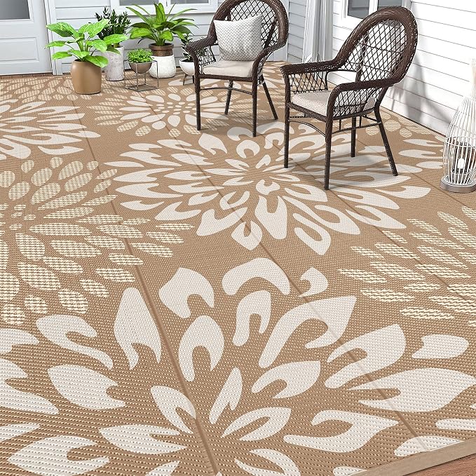 HEBE Waterproof Outdoor Rug 8x10 for Patios, Floral Reversible Plastic Straw Rug Patio Mat, Indoor Outdoor Carpet RV Mat Camping Rug for Deck, Camper, Porch, Balcony, Backyard, Picnic