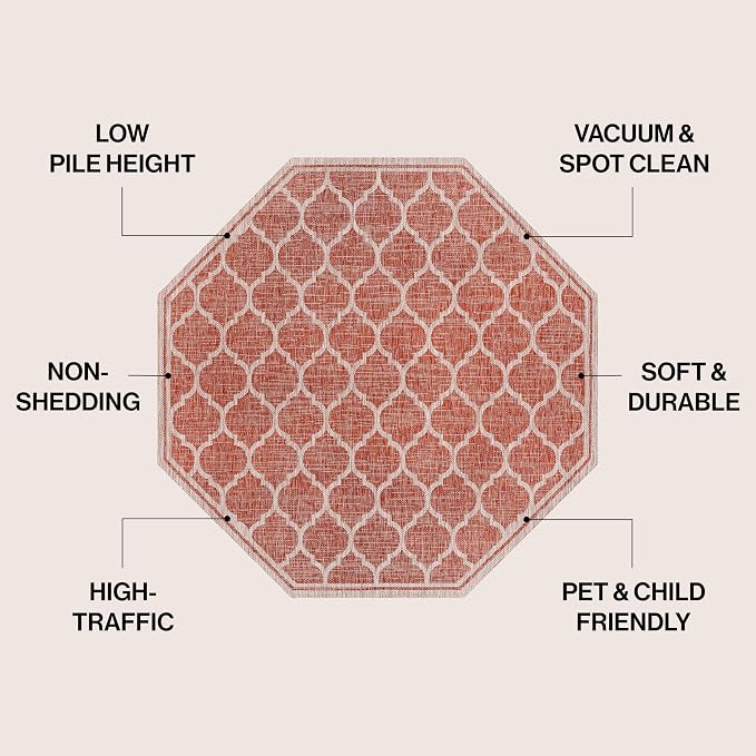 JONATHAN Y Moroccan Trellis Indoor Outdoor Octagon Area Rug 5 Ft Red/Beige, Trebol Textured Weave for Backyard, Patio, Porch, Easy-Cleaning, High Traffic, Pet-Friendly, Non-Shedding (SMB109C-5TGN)