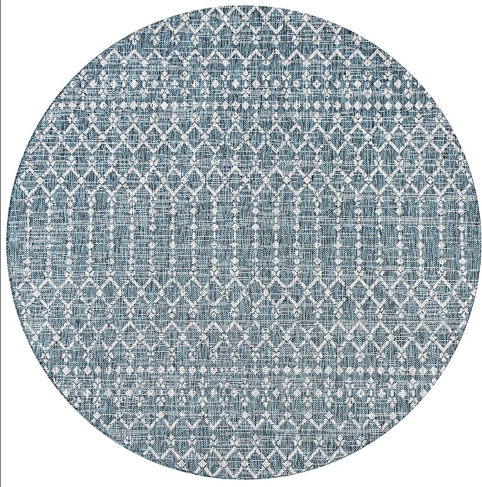 JONATHAN Y Moroccan Geometric Indoor Outdoor Round Area Rug 9 Ft Teal/Gray, Ourika Textured Weave for Backyard, Patio, Porch, Easy-Cleaning, High Traffic, Pet-Friendly, Non-Shedding (SMB108C-9R)
