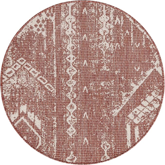 Unique Loom Outdoor Bohemian Collection Area Rug - Anthro (3' 3" Round, Rust Red/ Ivory)