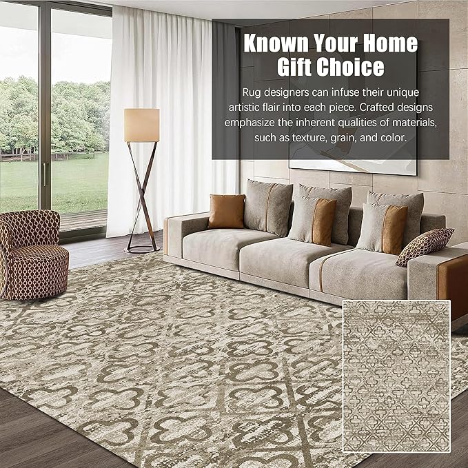 Washable Area Rugs, 9' x 12' - 1/6 Thick - Stain & Water Resistant Non-Slip - Perfect Resistant Rug for Living Room, Bedroom, Nursery, Pet & Child Friendly, Vibrant Colors Rugs, Brown