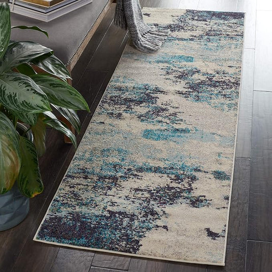 Nourison Home Celestial Modern Abstract Ivory/Teal Blue 2'2" x 12' Area Rug, Easy Clean, Non Shedding, Bed Room, Living Room, Dining Room, Kitchen (2x12)