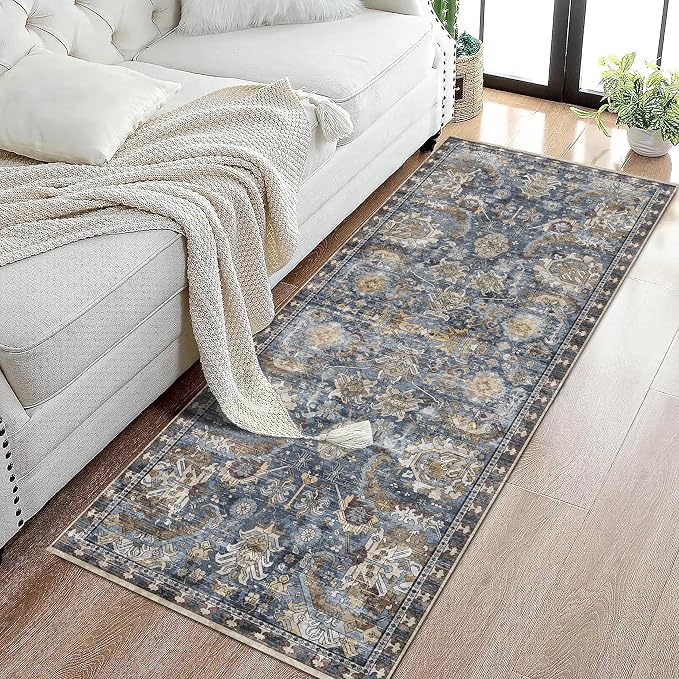 Washable Area Rugs - Perfect for Living Room, Bedroom, Kids Room, Nursery - Stain & Water Resistant Non-Slip, Pet & Child Friendly, Vintage Tribal Area Rugs (Navy, 2'6'' x 8')