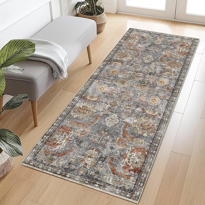 Washable Area Rugs - Perfect for Living Room, Bedroom, Kids Room, Nursery - Stain & Water Resistant Non-Slip, Pet & Child Friendly, Vintage Tribal Area Rugs (Turmeric and Grey, 2'6'' x 8')
