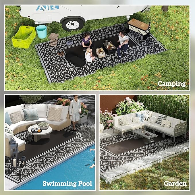 Outsunny Outdoor Rug for Patio, 9' x 18' Waterproof Large Mat, Reversible Plastic Straw Rug for Decor, Portable Outside RV Camping Area Carpet Mat for Backyard Porch Deck Picnic, Black & Gray Gourd