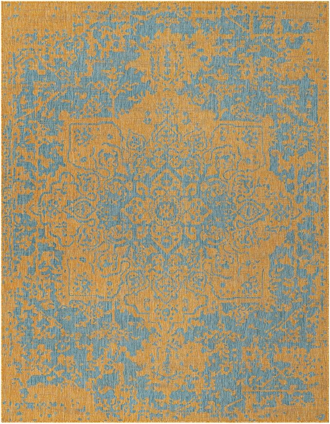 Unique Loom Jill Zarin Jill Zarin Outdoor Collection Area Rug - Dubai (7' 10" x 10' Rectangle, Yellow and Aqua/Light Blue)