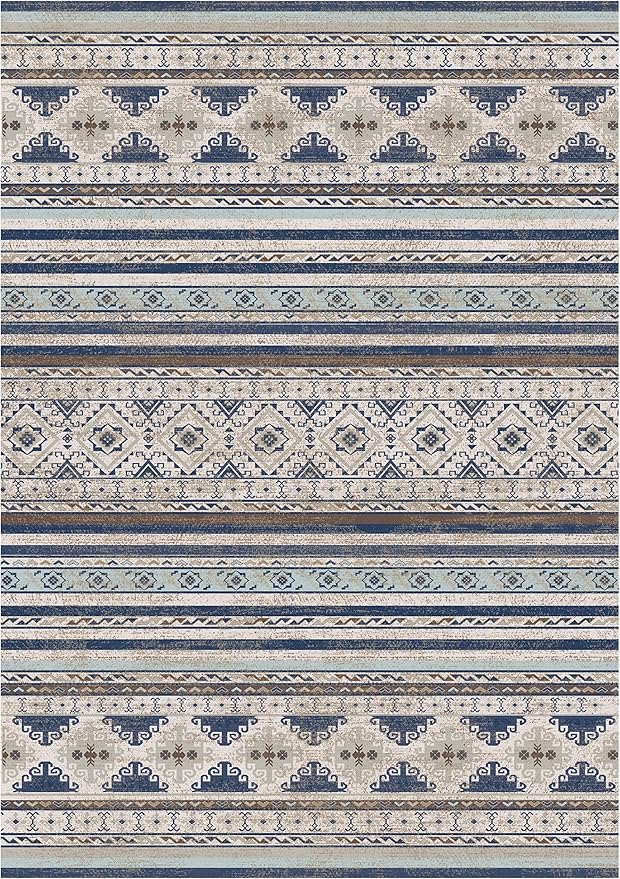Washable Area Rugs 6' x 9' - 1/6 Thick - Moroccan-Inspired -Stain & Water Resistant Non-Slip - Resistant Rug for Living Room, Bedroom, Nursery, Pet & Child Friendly (Blue and Brown)