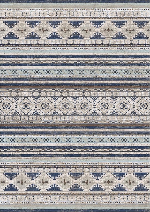 Washable Area Rugs 3' x 5 ' - 1/6 Thick - Moroccan-Inspired -Stain & Water Resistant Non-Slip - Resistant Rug for Living Room, Bedroom, Nursery, Pet & Child Friendly (Blue and Brown)