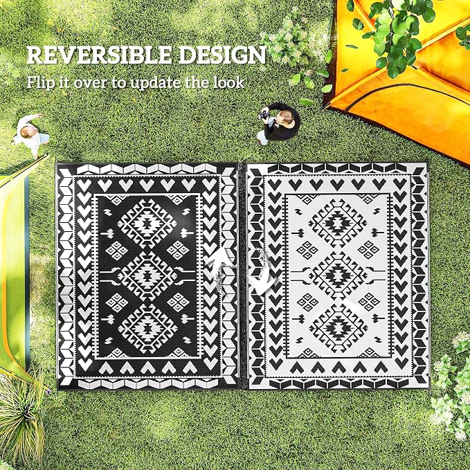 Outsunny Outdoor Rug for Patio, 8' x 10' Waterproof Large Mat, Reversible Plastic Straw Rug for Decor, Portable Outside RV Camping Area Carpet Mat for Backyard Porch Deck Picnic, Black & White Rhombus