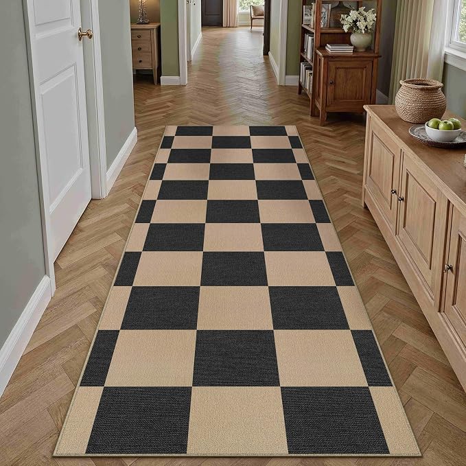 PureCozy 2x8 Checkered Easy Jute Runner Rug Kitchen Rug Non Slip Washable Outdoor Runner for Entryway Indoor, Checkerboard Black Indoor Outdoor Carpet for Hallway Porch