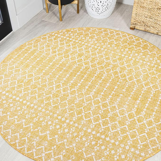 JONATHAN Y Moroccan Geometric Indoor Outdoor Round Area Rug 5 Ft Yellow/Cream, Ourika Textured Weave for Backyard, Patio, Porch, Easy-Cleaning, High Traffic, Pet-Friendly, Non-Shedding (SMB108G-5R)