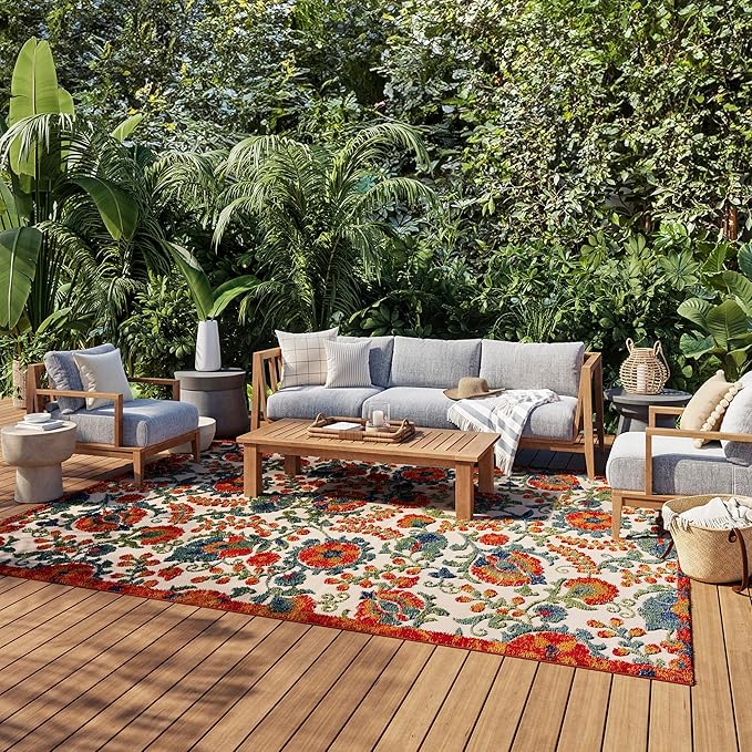 Nourison Home Aloha Red Multicolor 7'10" x 10'6" Area Rug - Easy Clean, Non Shedding, Bed Room, Living Room, Dining Room, Kitchen (8' x 11')