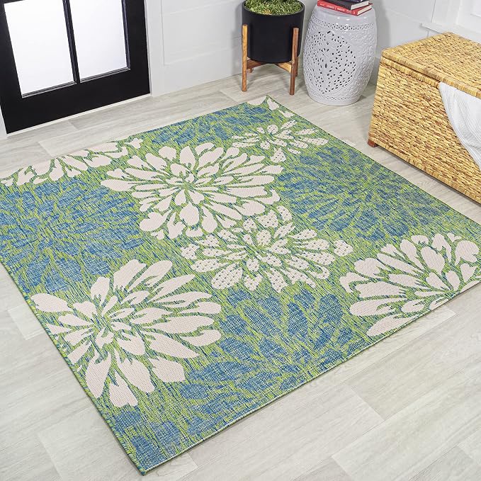 JONATHAN Y Floral Textured Weave Indoor Outdoor Square Area Rug 4X4 Cream/Green, Zinnia Modern for Backyard, Patio, Porch, Easy-Cleaning, High Traffic, Pet-Friendly, Non-Shedding (SMB110D-4SQ)