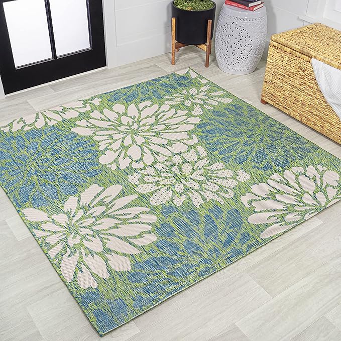 JONATHAN Y Floral Textured Weave Indoor Outdoor Square Area Rug 5X5 Cream/Green, Zinnia Modern for Backyard, Patio, Porch, Easy-Cleaning, High Traffic, Pet-Friendly, Non-Shedding (SMB110D-5SQ)