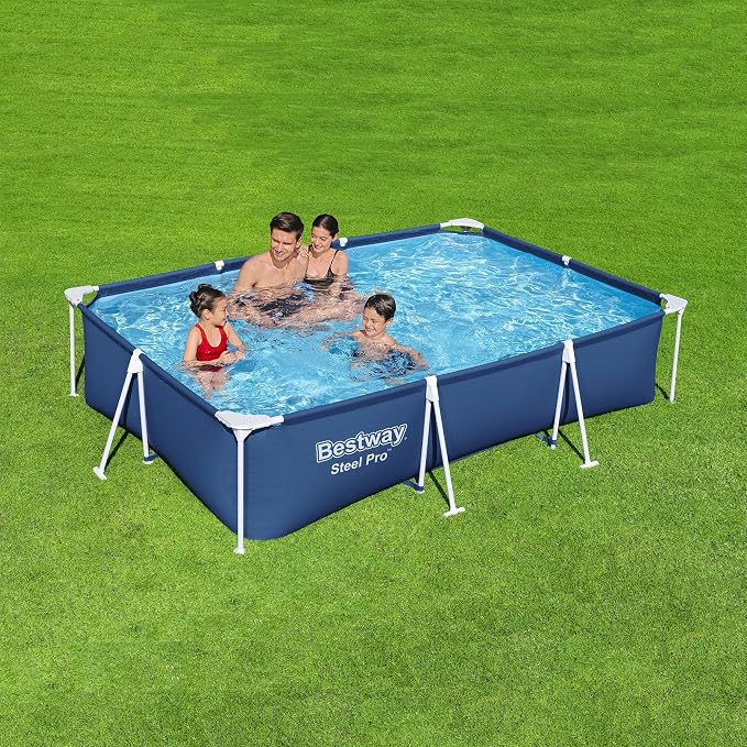 Bestway Steel Pro 9 Feet 10 Inch x 6 Feet 7 Inch x 26 Inch Rectangle Above Ground 872 Gallon Pool Set with DuraPlus Liner and FrameLink System