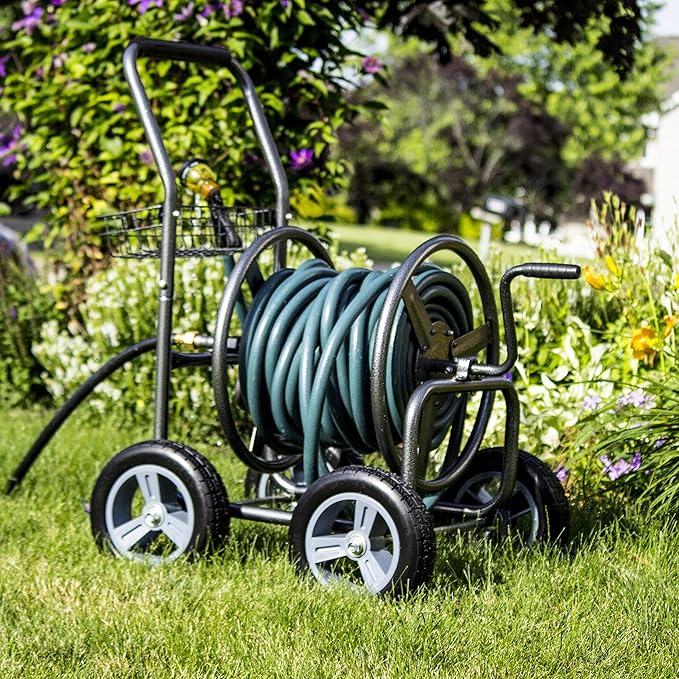 Backyard Expressions Metal Hose Reel Cart with Wheels - Heavy Duty Hose Caddie - 250 Ft Hose Capacity - Hammertone Finish