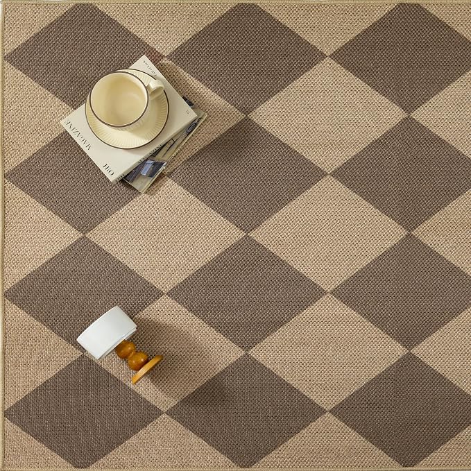 PureCozy 2x3 Checkered Easy Jute Kitchen Front Doormat Non Slip Washable Neutral Area Rug Diamond Non Shedding Low Pile Brown Checkerboard Floor Carpet for Farmhouse Entryway Porch Doorway