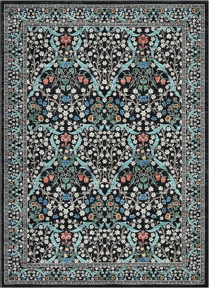 GarveeHome 6x9 Washable Area Rug for Living Room, Floral Dining Room Rugs for Under Table, Low Pile Non-Slip Stain Resistance Floor Carpet for Bedroom, Black