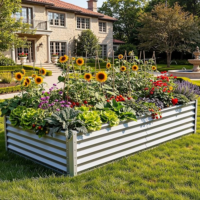 YITAHOME 2pcs 8x4x1.5ft Galvanized Raised Garden Bed, Metal Planter Box with Safety Rubber, Gloves, Outdoor Flower Bed for Planting Plants Vegetables, Silver