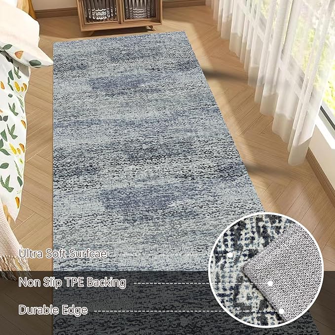 Washable Area Rug - 1/6 Thick - Stain & Water Resistant Non-Slip - Resistant Rug for Living Room, Bedroom, Nursery, Pet & Child Friendly, Vintage Charm Area Rugs (Grey+LightTeal, 2'6'' x 8')