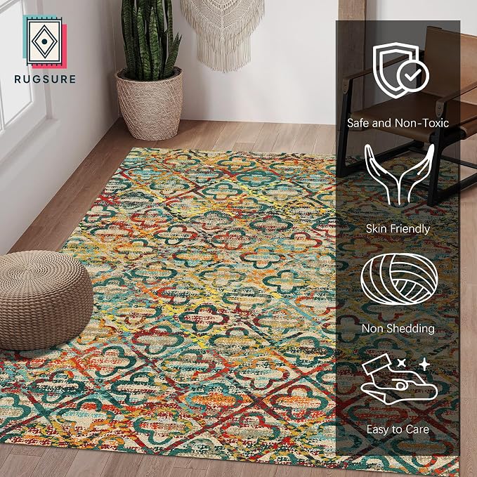 Washable Area Rugs, 9' x 12' - 1/6 Thick - Stain & Water Resistant Non-Slip - Perfect Resistant Rug for Living Room, Bedroom, Nursery, Pet & Child Friendly, Vibrant Colors Rugs, Multicolor